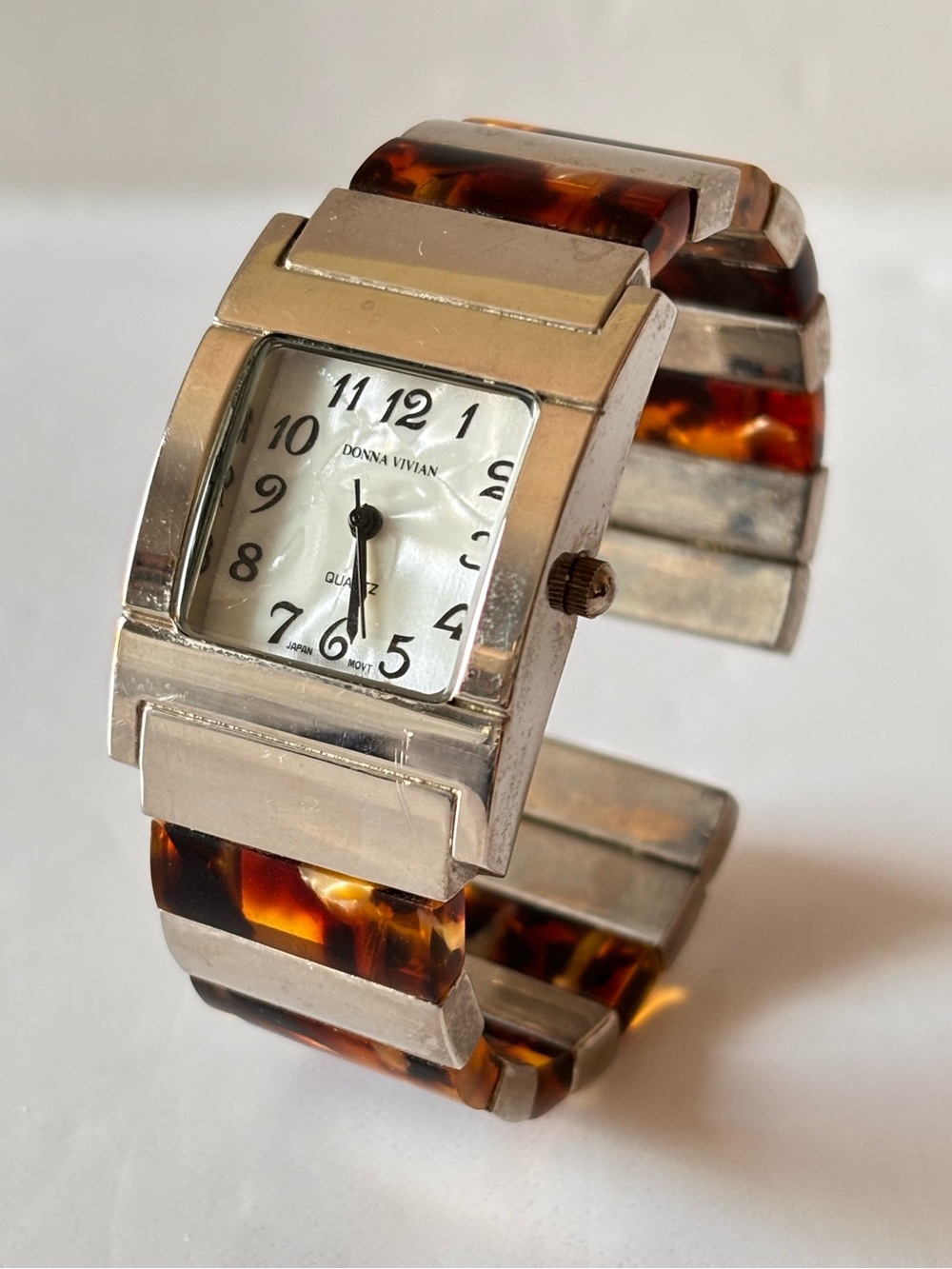 vintage Donna Vivian silver-tone and faux-tortoiseshell open cuff bracelet watch